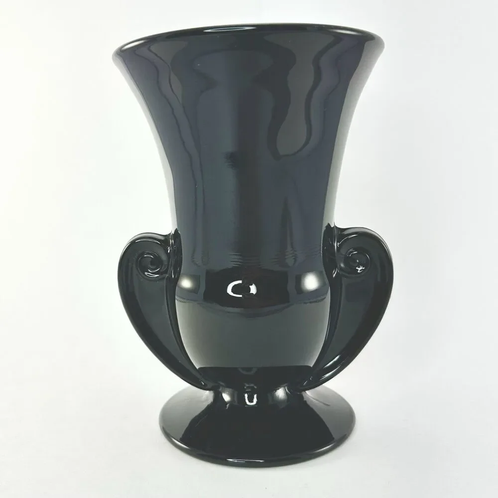 Fostoria Sakier Ebony Black Glass Urn Vase #2467 Scroll Handles 7” 1930s